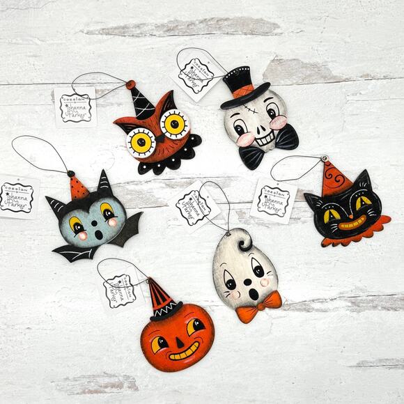 6 Johanna Parker Wooden Halloween Ornaments Ghost Cat Bat Owl Pumpkin Skeleton